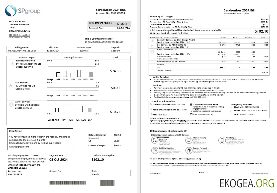 Modèle de facture de services publics de Singapour SP Group aux formats Word et PDF (2 pages)